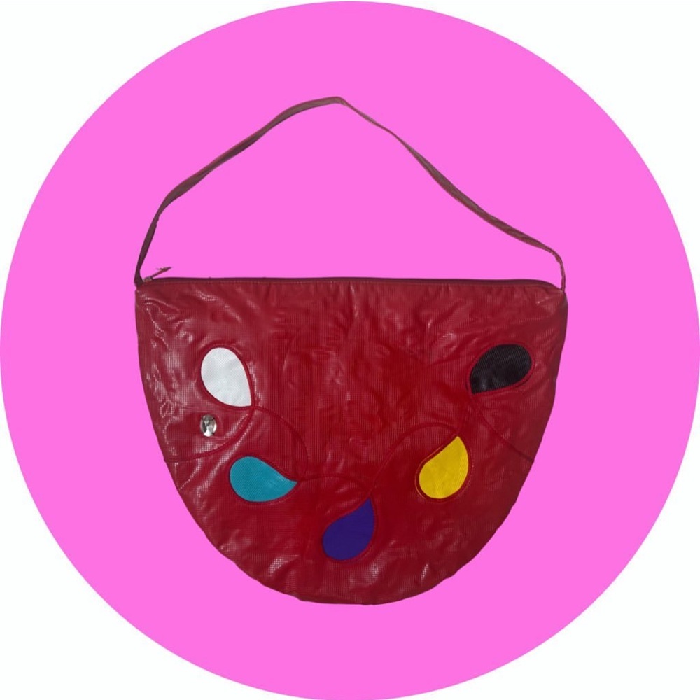Vintage Red Shoulder Bag with Colorful Teardrop Accents